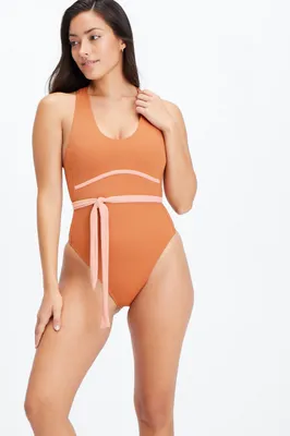 Fabletics Lace-Up Racerback Swimsuit Womens Sequoia/Pink Tint Size