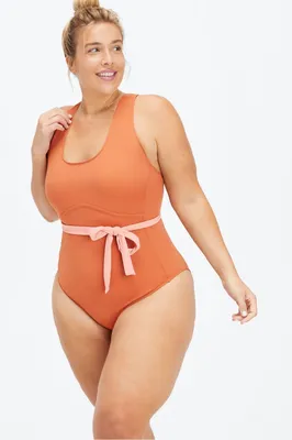 Fabletics Lace-Up Racerback Swimsuit Womens Island Escape/Orange Nectar  plus Size 4X