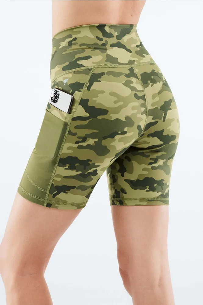 Fabletics PowerHold Charcoal Camo On-The-Go High Waisted Biker Shorts Size  Small