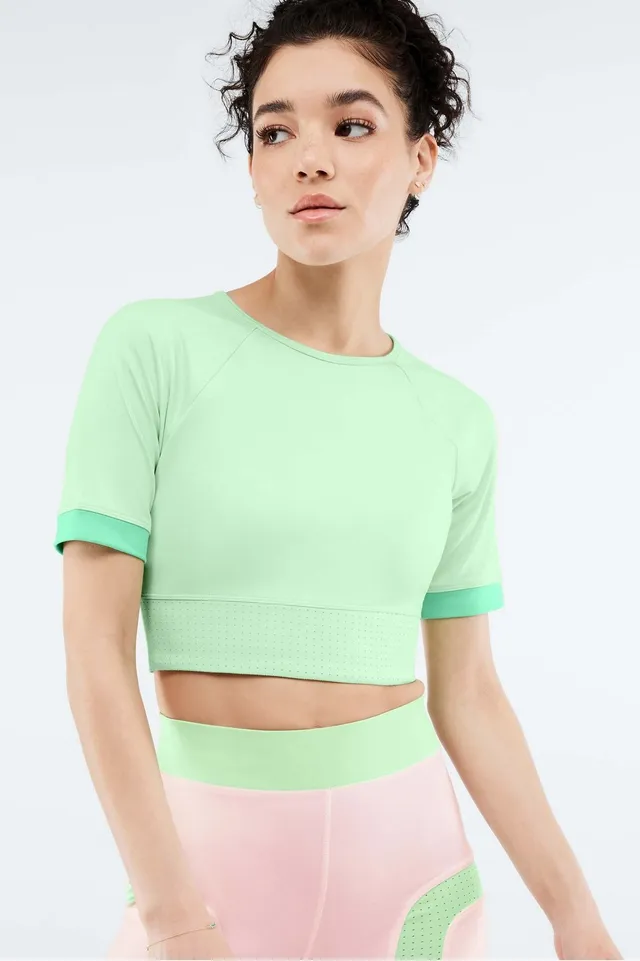 Fabletics Avah Color Block Cut Off Sleeve Crop Top Womens green Size XXS