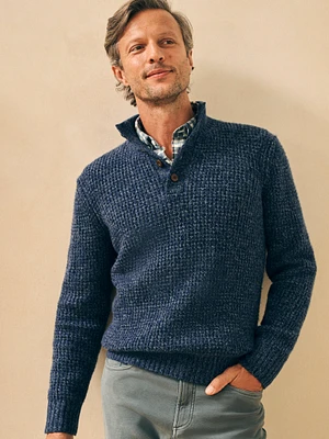 Cashmere Wool Quarter Button Sweater - Denim Melange