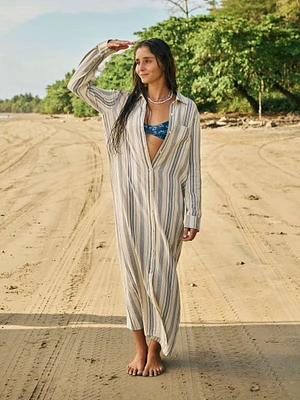 Dune Cotton Gauze Isla Shirtdress - Aqua Sea Stripe
