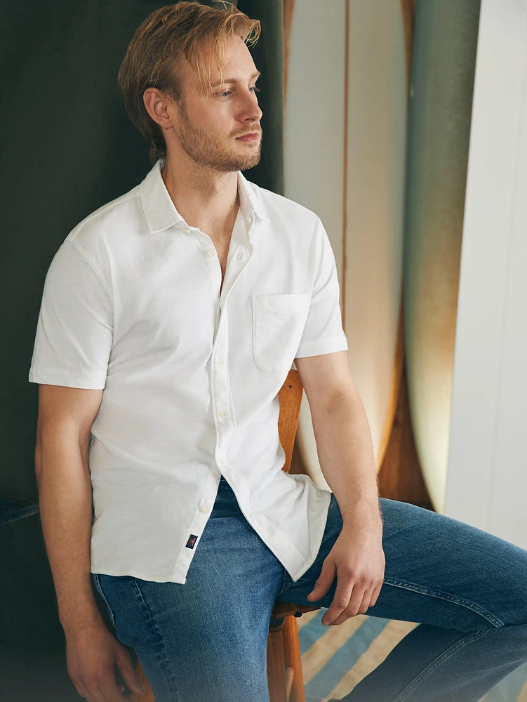 Short-Sleeve Sunwashed Knit Shirt (Single Pocket) (Tall) - White