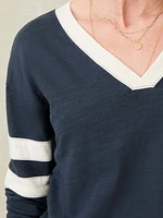 Organic Cotton Sunwashed Slub Varsity V-Neck - Blue Nights