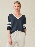 Organic Cotton Sunwashed Slub Varsity V-Neck - Blue Nights