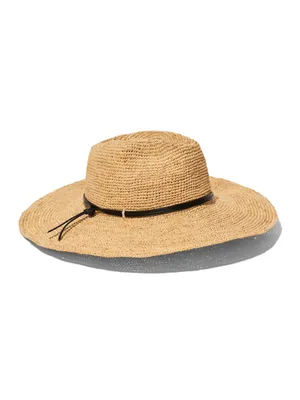 Leather-Trimmed Raffia Straw Hat - Natural