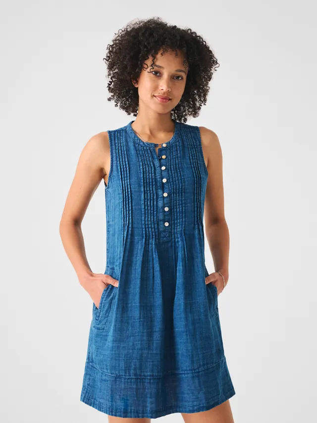 Faherty Isha Linen Dress - Blue Mini Stripe