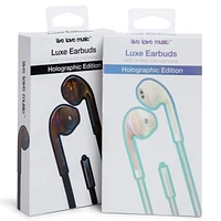 luxe earbuds with in-line mic holographic edition;luxe earbuds;earbuds;earbuds microphone;cheap earbuds;headphones;cheap headphones;music listening;cool gifts for $5;five below