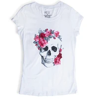 cute shirt for women;skull shirt;skull tee;shirt with skull and flowers;women's tee;halloween tee women;halloween women;cute shirt;pretty tee;white tshirt on it;skull