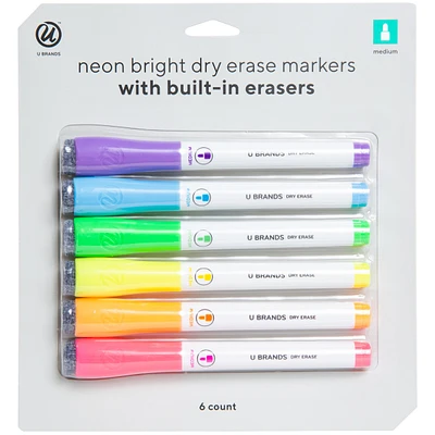 neon dry erase markers w/ erasers 6-count