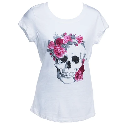 cute shirt for women;skull shirt;skull tee;shirt with skull and flowers;women's tee;halloween tee women;halloween women;cute shirt;pretty tee;white tshirt on it;skull