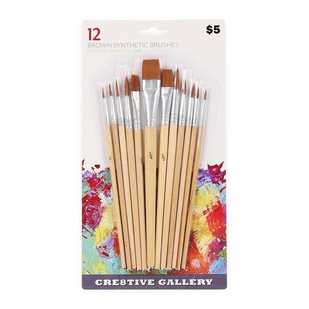 synthetic paint brushes, round & flat 12-piece set