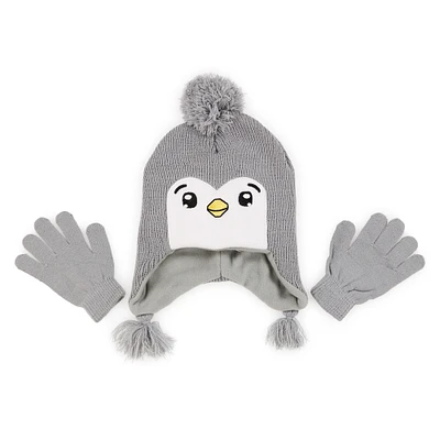Kid's Penguin Beanie Hat W/ Ear Flaps & Matching Gloves Set