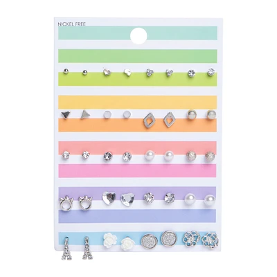 Silver Shaped Stud Earrings 20-Pair Set