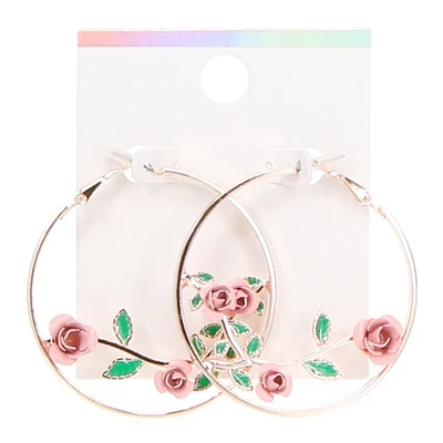 Rose Gold Hoop Earrings W/ Roses