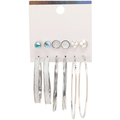 Glitter & Spikes Earrings 6-Pair Set W/ Studs & Silver Hoops