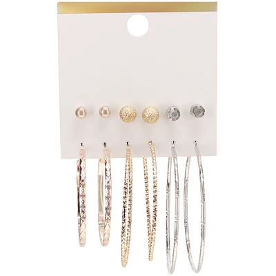 Gold & Silver Earrings 6-Pair Set W/ Studs & Hoops