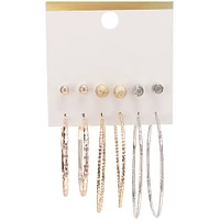 Gold & Silver Earrings 6-Pair Set W/ Studs & Hoops
