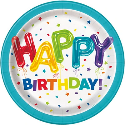 Happy Birthday Rainbow Balloon 9in Paper Plates 8-Count