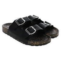 ladies faux leather double buckle sandals - black