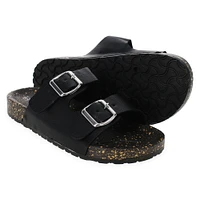 ladies faux leather double buckle sandals - black