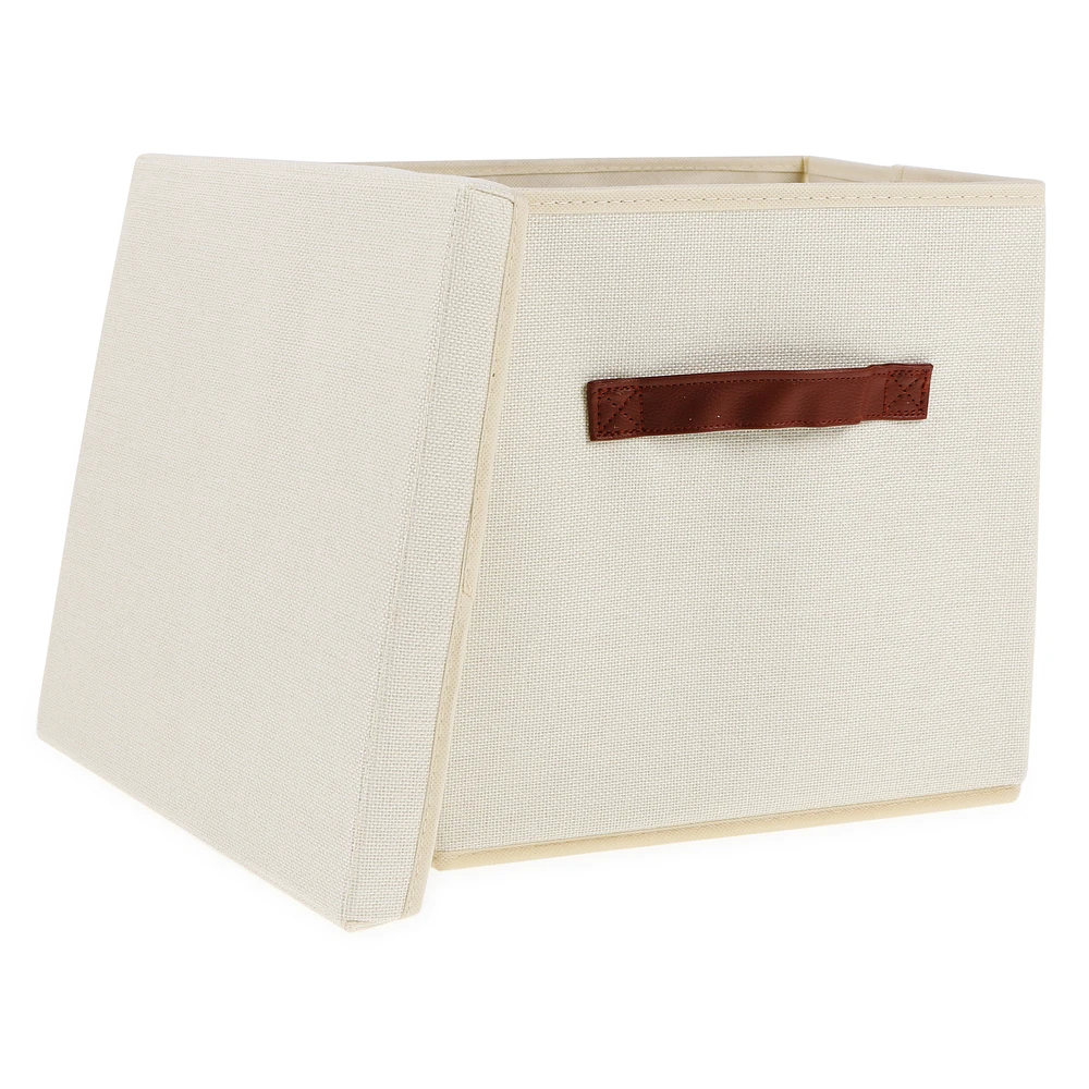 Collapsible Fabric Storage Cube W/ Lid & Faux Leather Handles