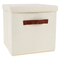 Collapsible Fabric Storage Cube W/ Lid & Faux Leather Handles