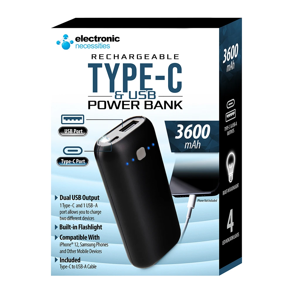 Dual Port USB & USB-C Power Bank 3600mAh With Flashlight