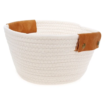Rope Storage Basket With Faux Leather Handles 10in X 10in