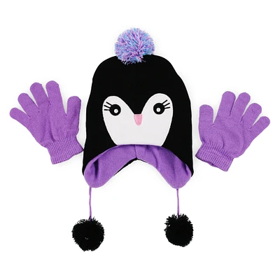 kid's fleece penguin hat & gloves set