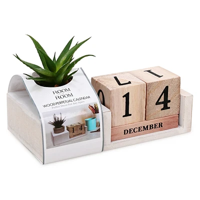 wood perpetual calendar with faux succulent plant