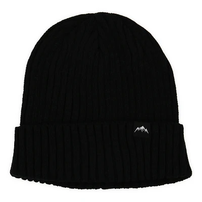 rib knit beanie hat w/ mountain patch