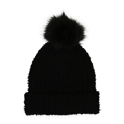 fuzzy knit beanie hat with faux fur pom