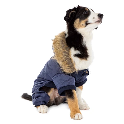 pet snowsuit with faux fur trim hood