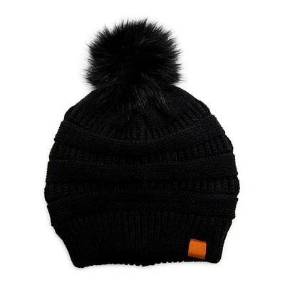 ruched knit beanie with faux fur pom