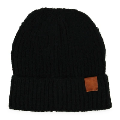 brushed rib knit beanie hat with corner patch