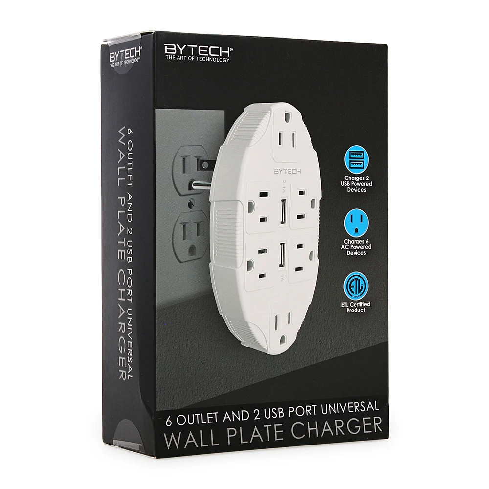 6 outlet & 2 USB port universal wall plate charger