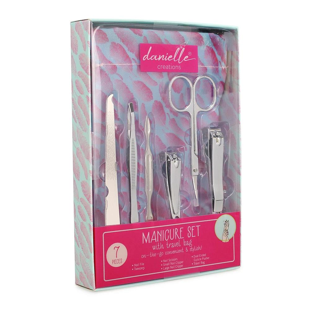 manicure set with travel bag - pink feathers