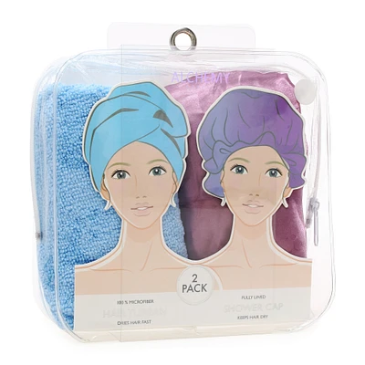 shower cap & microfiber hair turban 2-pack