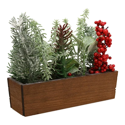 8in faux evergreen plants in wooden planter