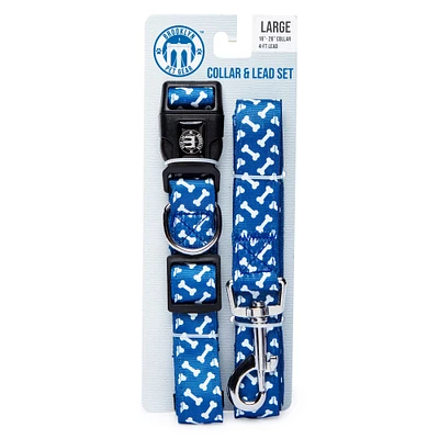 dog bone printed collar & leash set, large