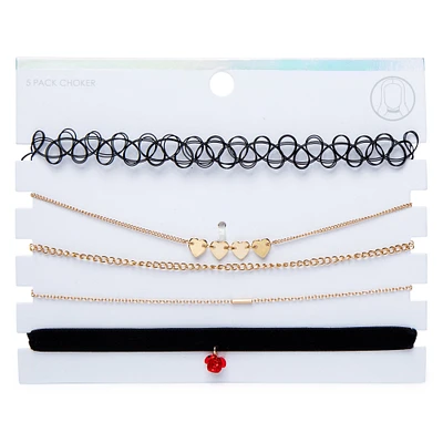 heart & flower choker necklaces 5-piece set