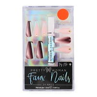 pretty woman faux nails 24-piece with glue - modern pink/brown/teal