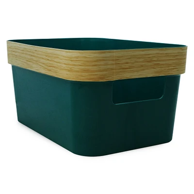 small white storage bin with woodgrain stripe 10in x 7in