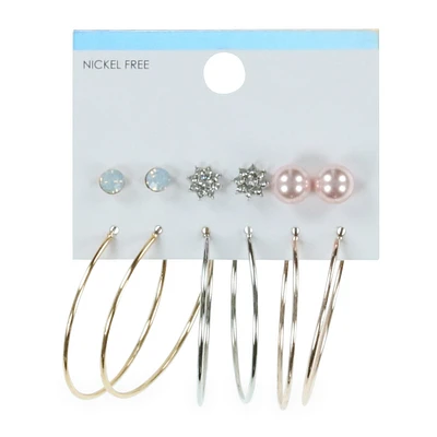 faux diamond & pearl studs & hoop earrings 6-pair set