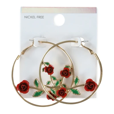 red rose & vine gold hoop earrings