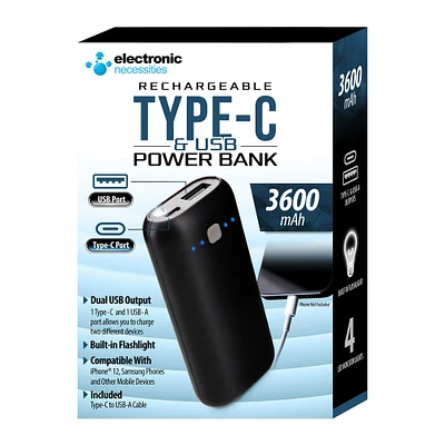 Dual Port USB & USB-C Power Bank 3600mAh With Flashlight