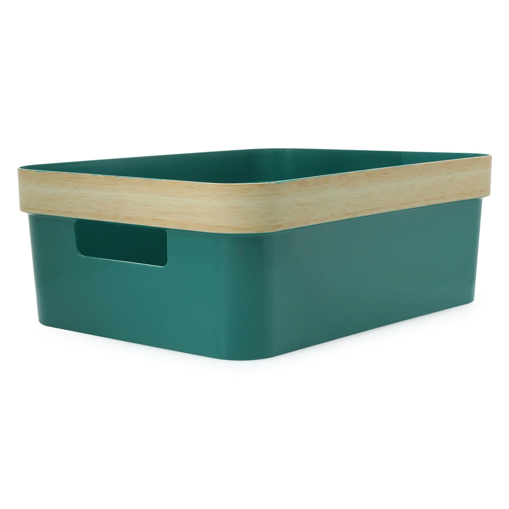 large white storage bin with woodgrain stripe 14in x 10in