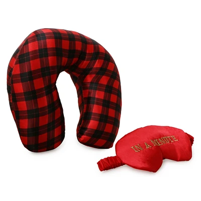 plaid satin memory foam neck pillow & eye mask set