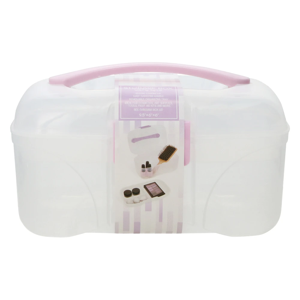 storage box with removable tray 9.3in x 6in - clear & lavender